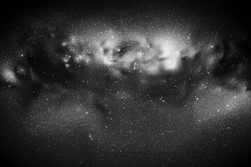 Space background with night starry sky and Milky Way. Vector illustration with our galaxy in cosmos. Dark black and white backdrop with fragment of universe