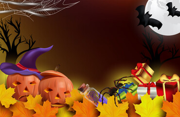 Characters Halloween pumpkins, cobweb, bats, spider, magic potion and autumn leaf. Happy pumpkins under the moonlight, Happy Halloween. Vector illustration.