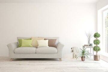 White living room with sofa. Scandinavian interior design. 3D illustration