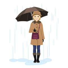 Woman holding umbrella under the rain. Vector illustration