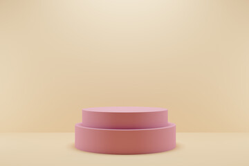 Abstract round pink stage layout, geometric shape podium on yellow background. 3d rendering