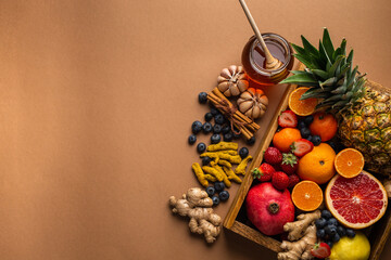 Healthy nutrition during flu, cold season. Selection of fruit with vitamin C and natural...