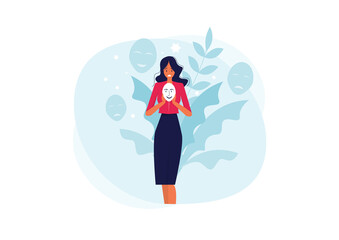 imposter syndrome, woman trying on carnival masks with happy or sad expressions.