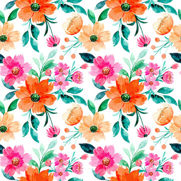 Pink orange floral seamless pattern with watercolor