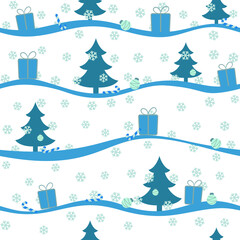Seamless Christmas light pattern with blue snow, trees, balls and gifts. Vector endless illustration for web background.