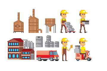 Obraz na płótnie Canvas Brewing, beer production. Pixel art icon set. Old school computer graphic style. Element design for logo, stickers, web, embroidery and mobile app. Isolated vector illustration. 8-bit sprite.