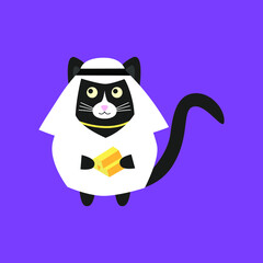 Сute arab sheikh cat in white robe and gold bar in his paws. Doodle flat illustration vector.