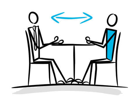 Strichmännchen Coaching Gespräch zwei Menschen am Tisch, Psychologie, Business Coaching, Psychotherapie, Probleme lösen