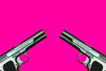 Two world war 2 guns facing each other on a pink background