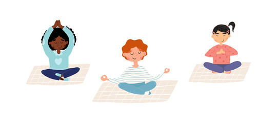 Cute meditating kids set. Boy and girls doing yoga and breathing exercises in various poses on isolated background.