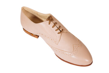 Woman beige leather shoes with low heel isolated on the white background. Side view