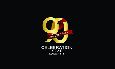 90 year anniversary red ribbon celebration logotype. anniversary logo with Red text and Spark light gold color isolated on black background, design for celebration, invitation - vector