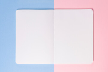 Clean open notepad or sketchbook with space for text on pink and blue background. Creative mockup desk. Flat lay. Top view. Artistic wallpaper