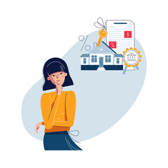 Mortgage concept. Woman is thinking about mortgage loan for buying new own house. Female character makes decision to borrow. Mortgage agreement, house building vector illustration. Flat cartoon design