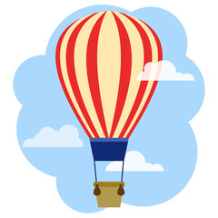 Hot air balloon, flying hot air balloon on the background of the sky and clouds. Vector, cartoon illustration.