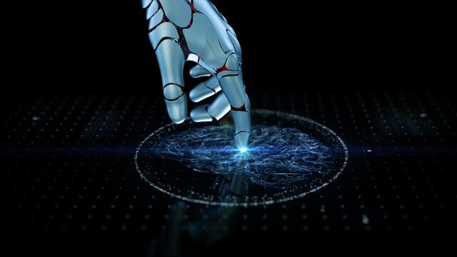 Close-up Artificial Intelligence Concept: Robot Finger Touch Screen Connection and Activate Futuristic Web Quantum AI. 3D Visualization Computer Technology Machine Learning, and Digitalization Brain