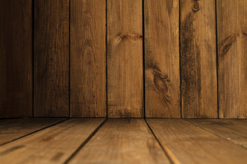 Wood wall and floor. Empty space for background. Perspective concept of wooden room.