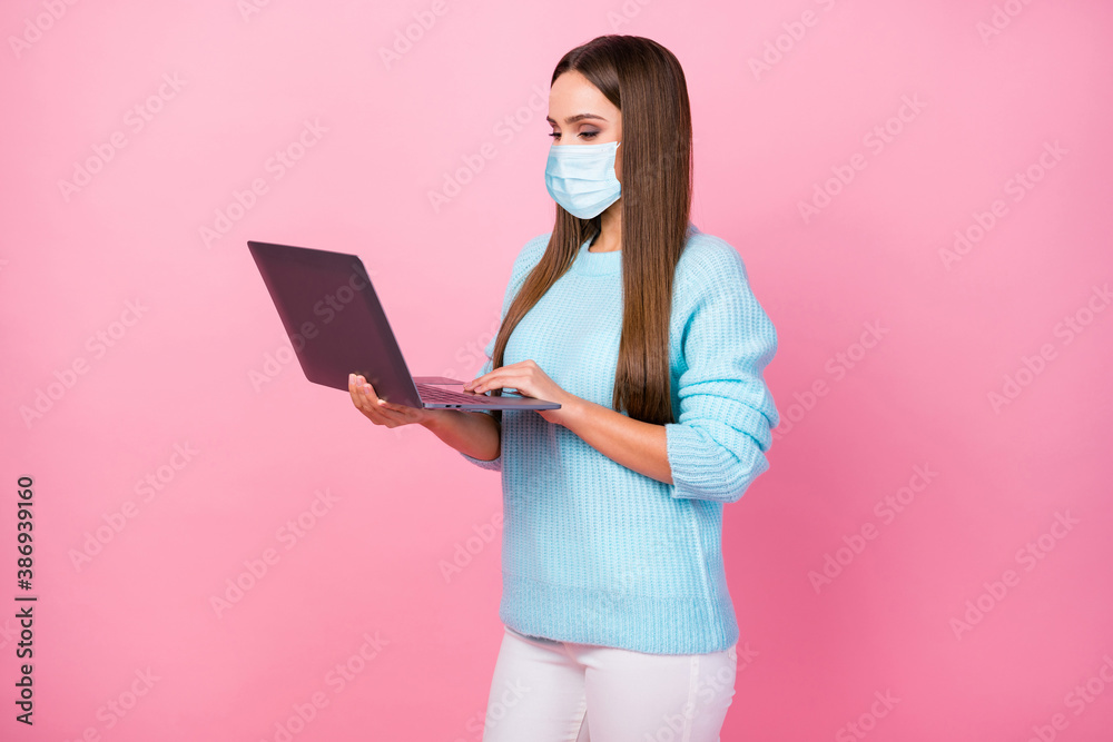 Sticker Profile photo of pretty business lady hold notebook wear mask blue sweater white trousers isolated pastel pink color background