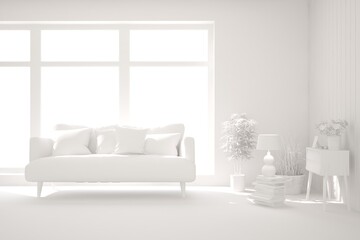 White minimalist living room with sofa. Scandinavian interior design. 3D illustration