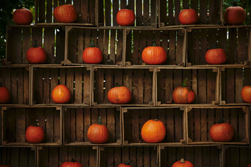 Orange pumpkins in wooden boxes. Autumn pumpkins still life on vintage wooden rustic background