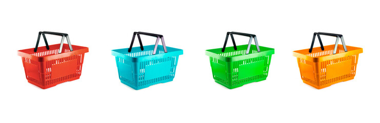 Set of colored baskets for shop isolated on white. Panorama.	