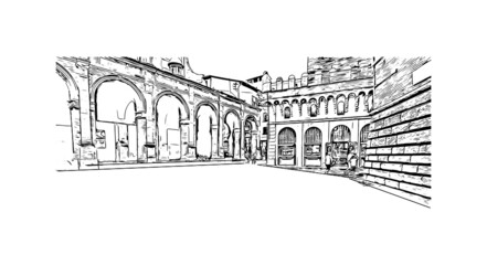 Building view with landmark of Bologna is the capital and largest city of Northern Italy. Hand drawn sketch illustration in vector. © dhanu3182