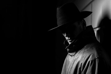 dark portrait of a man in a raincoat with a hat at night on the street - obrazy, fototapety, plakaty