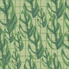Random seamless pattern with marble monstera leaves ornament. Green tones foliage on chequered background.