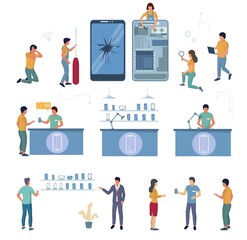 Mobile service center, electronics repair shop cartoon character set, flat vector isolated illustration. Repairman, technician with tools changing broken screen, customers. Mobile phone repair service