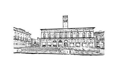 Building view with landmark of Bologna is the capital and largest city of Northern Italy. Hand drawn sketch illustration in vector. © dhanu3182