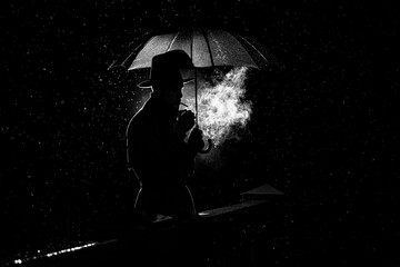 silhouette of a man in a hat under an umbrella Smoking a cigarette at night in the rain in the city