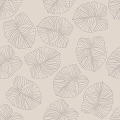 Pale monstera leaf elements seamless hand drawn pattern. Exotic hawaii botanical artwork with random located tropic foliage shapes.