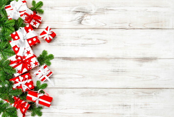 Fototapeta na wymiar Christmas banner background Gift boxes wooden background