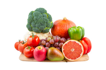 Group vegetables and Fruits Apples, grapes, oranges, and bananas in the wooden basket with carrots, tomatoes, guava, chili, eggplant, and salad on the white background