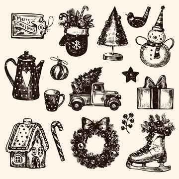 Vintage Christmas decoration set. Collection of retro holiday elements and toys: snow man, Christmas wreath, tree in the car, ice skates, teapot, gift box. Hand drawn doodle ink print, etching.