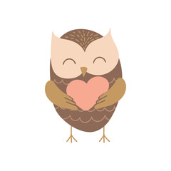 Cute cartoon owl with pink heart. Funny woodland bird isolated on white background. Vector illustration.