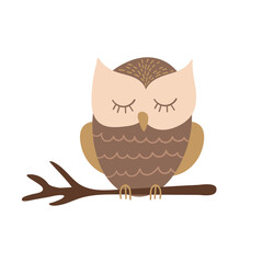 Cute cartoon owl sitting on a branch. Funny woodland character isolated on white background. Vector illustration.