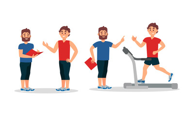 Fototapeta premium Bearded Man as Fitness Trainer or oach Giving Instructions in Gym Vector Illustration Set