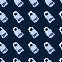 Stylized seamless secret pattern with doodle light blue lock door silhouettes. Victorian vintage print on navy blue background.