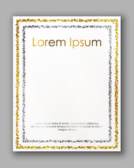 Poster with gold, silver confetti, sparkles, glitter frame and space for text on white background. Vector illustration. Elements for banner, design, logo, card, web, invitation, business, party.