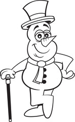 Black and white illustration of a snowman in a top hat leaning on a cane.