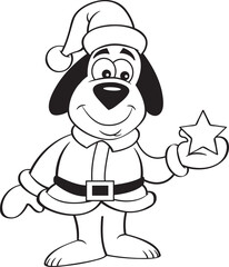 Black and white illustration of a dog in a Santa Claus costume holding a star.