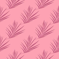 Purple colored fern lead ornament seamless stylized pattern. Nature floral artwork with bright pink background.