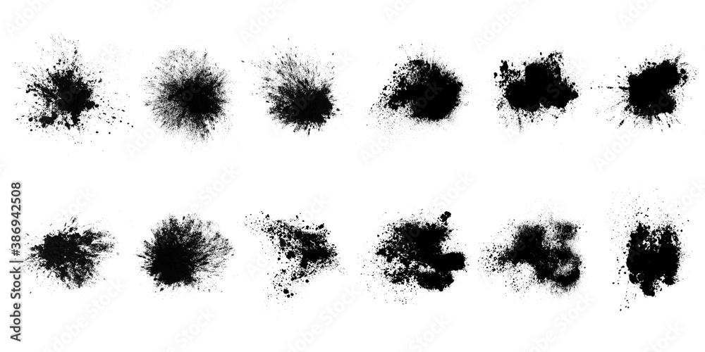 Poster set of black splashes with splashes isolated on white background