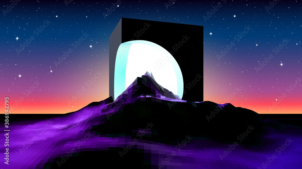 Poster Abstract alien landscape with mysterious ruins of cube building and shiny light inside. Science fiction space landscape in 80s style