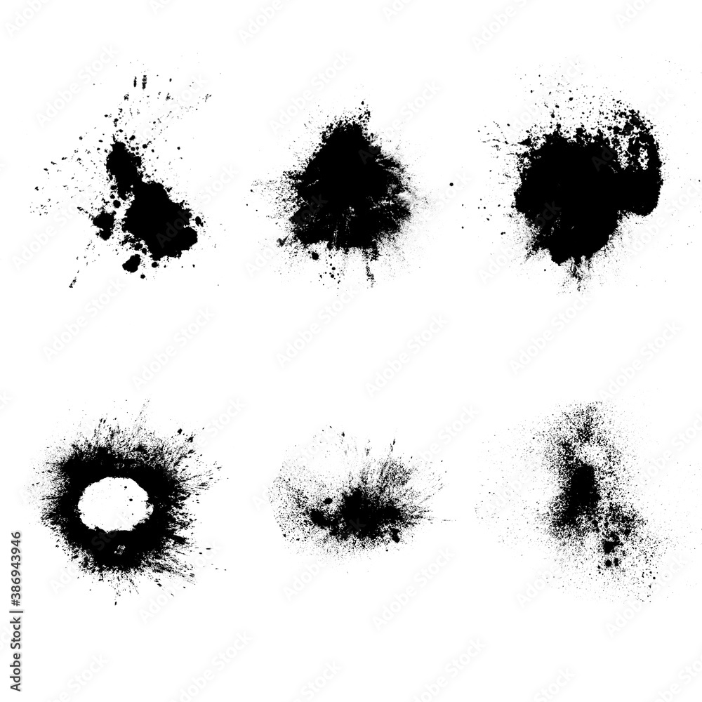 Poster set of black splashes with splashes isolated on white background
