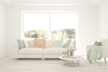 Stylish room in white color with sofa and autumn landscape in window. Scandinavian interior design. 3D illustration