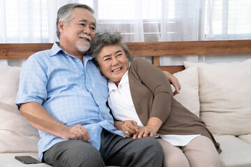 Happy and smiling Asian couple while sitting on sofa at home, Lifestyle after retiree.