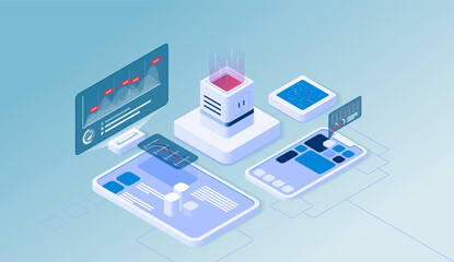 App data banner. Isometric repository. SEO analytics. Smartphone and tablet statistics. Cross Platform software. Cloud storage server. Vector illustration.