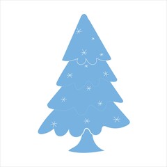 Blue Christmas tree decorated with toys drawn by hand on a white background, Christmas decorations, symbol of the New Year, vector illustration.